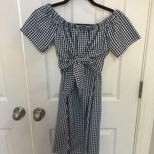 Off shoulder navy and white gingham dress